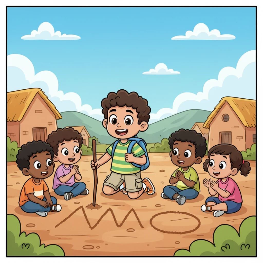 Back in the village, Hussein gathers a group of younger children, excitedly sharing what he's learned about letters and numbers. He draws big, simple shapes in the dirt with a stick, making learning a joyful game for everyone. The children listen with wide-eyed wonder.