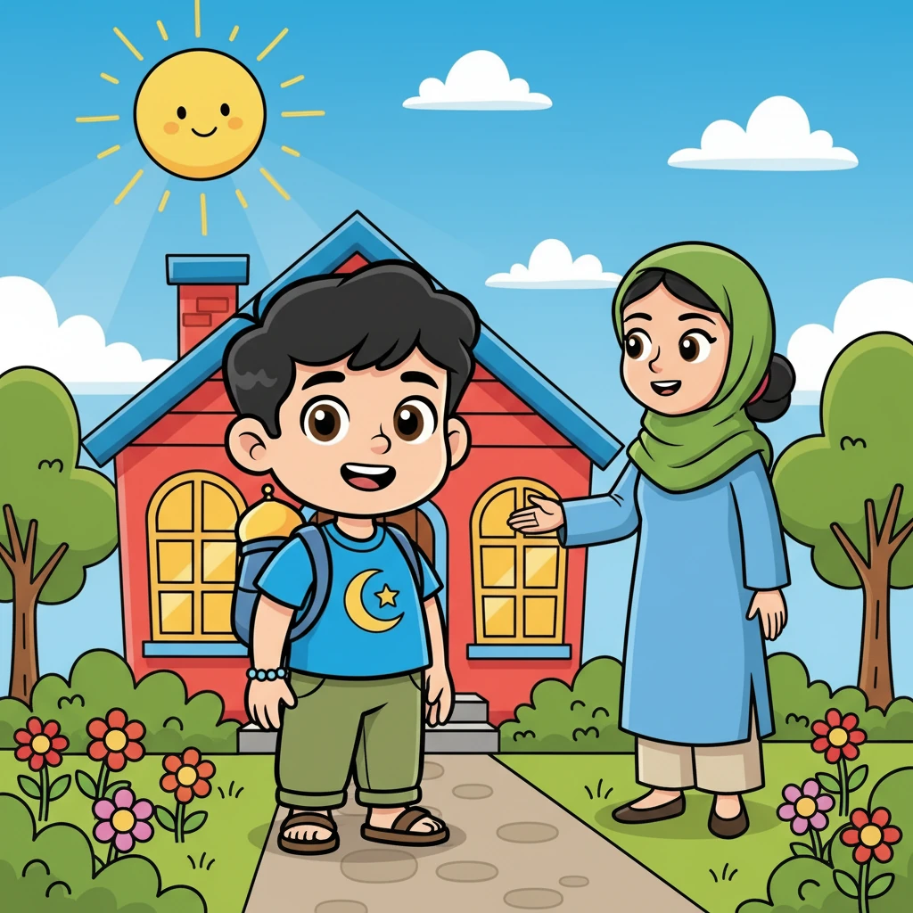 Omar, un jeune garçon aux yeux brillants, se tenait devant sa maison, un sourire curieux sur les lèvres. Sa maman l'appela pour lui parler des cinq piliers de l'Islam, les fondations de leur foi, comme le prophète Muhammad (PSL) l'a enseigné. Le soleil brillait, illuminant le monde de couleurs vives.