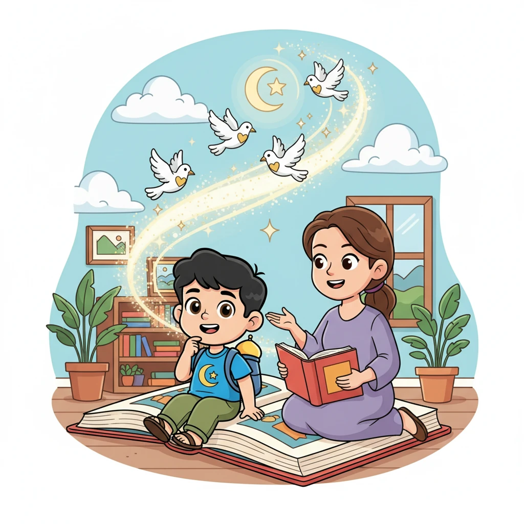 Le premier pilier, dit la maman, est la Shahada, la déclaration de foi : « Il n'y a de dieu qu'Allah, et Muhammad est son messager ». Omar, attentif, imaginait ces mots s'envolant comme des colombes blanches, portant l'amour et la gratitude vers le ciel.