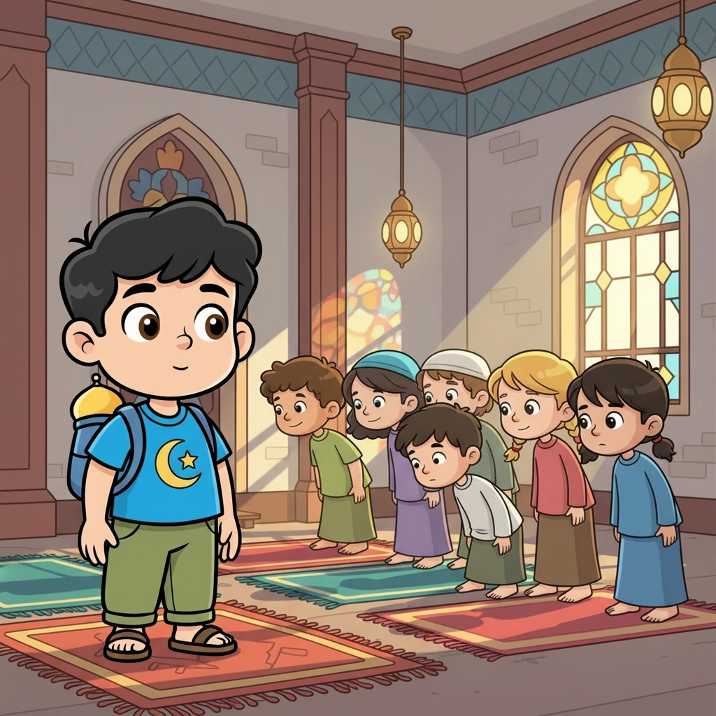 Ensuite, la maman expliqua la Salat, la prière, le deuxième pilier. Omar vit des enfants priant ensemble à la mosquée, leurs corps se courbant et se redressant avec grâce, comme des fleurs se balançant au vent, un exemple de la foi dans le Quran.