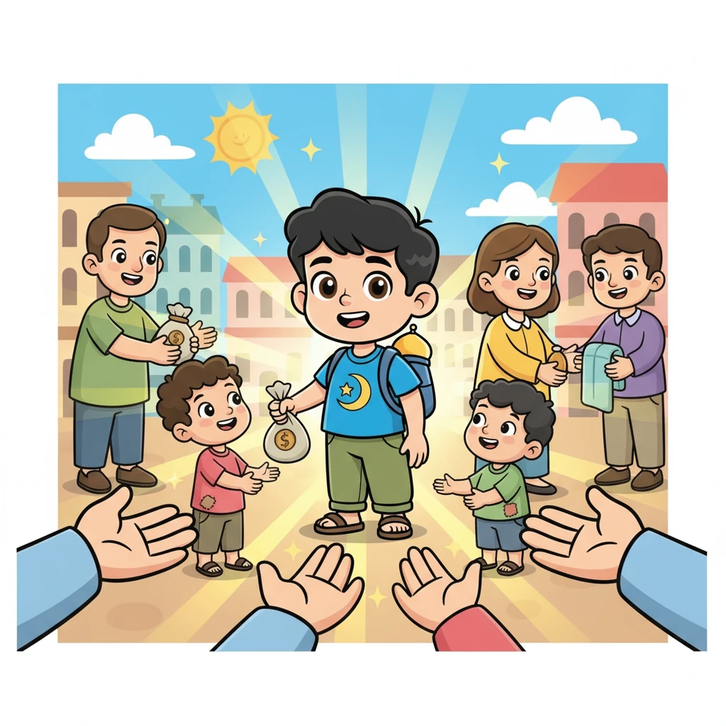 Le troisième pilier est la Zakat, la charité. Omar imaginait des mains tendues, offrant de l'aide aux plus démunis, des sourires échangeant de l'amour, comme le Sahih Muslim l'enseigne, et la générosité qui illumine le monde.