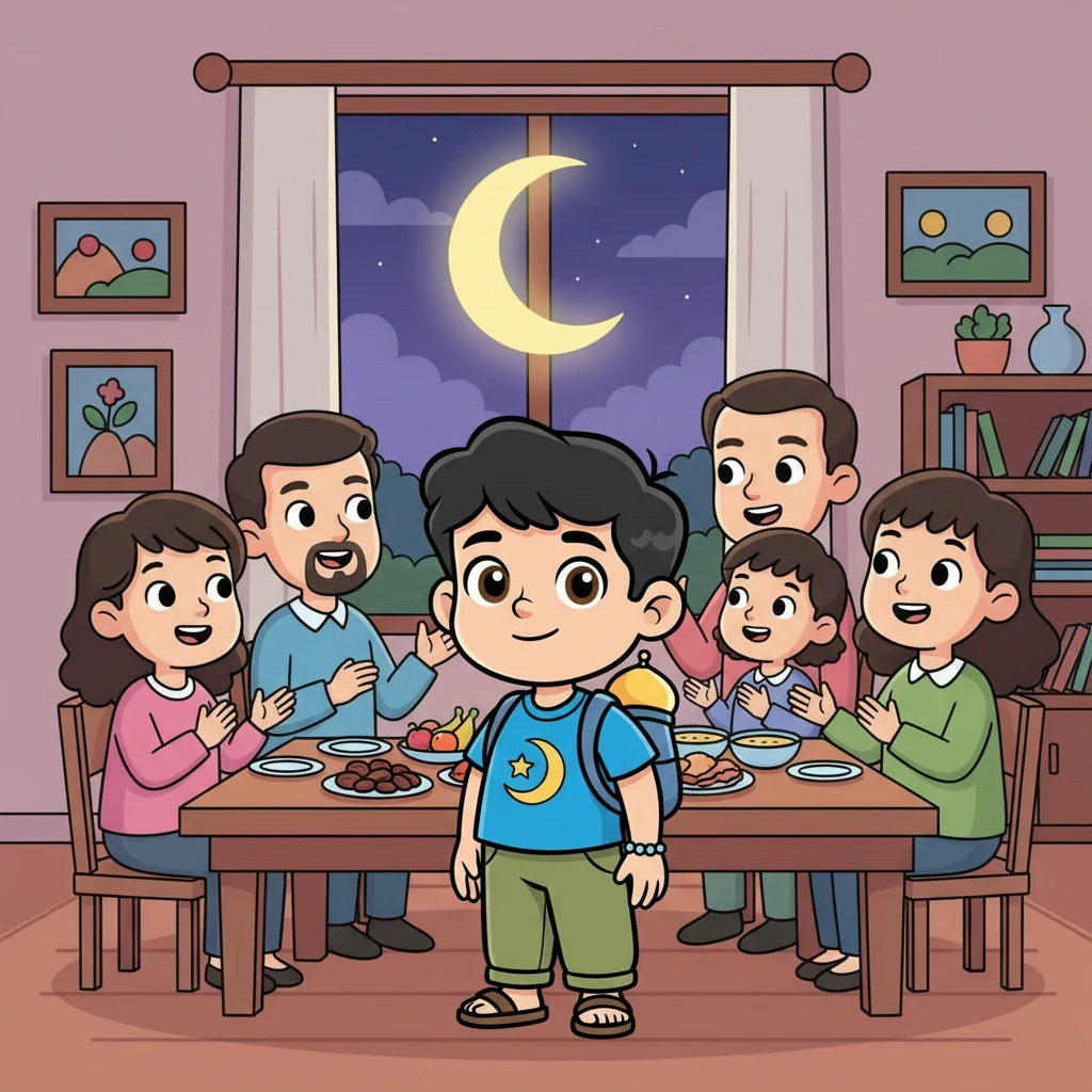 Le quatrième pilier est le Sawm, le jeûne, pendant le Ramadan. Omar visualisa le croissant de lune, symbole du début du jeûne. Il pensa aux repas partagés en famille après le coucher du soleil, et à la patience, une valeur clé selon le Quran.