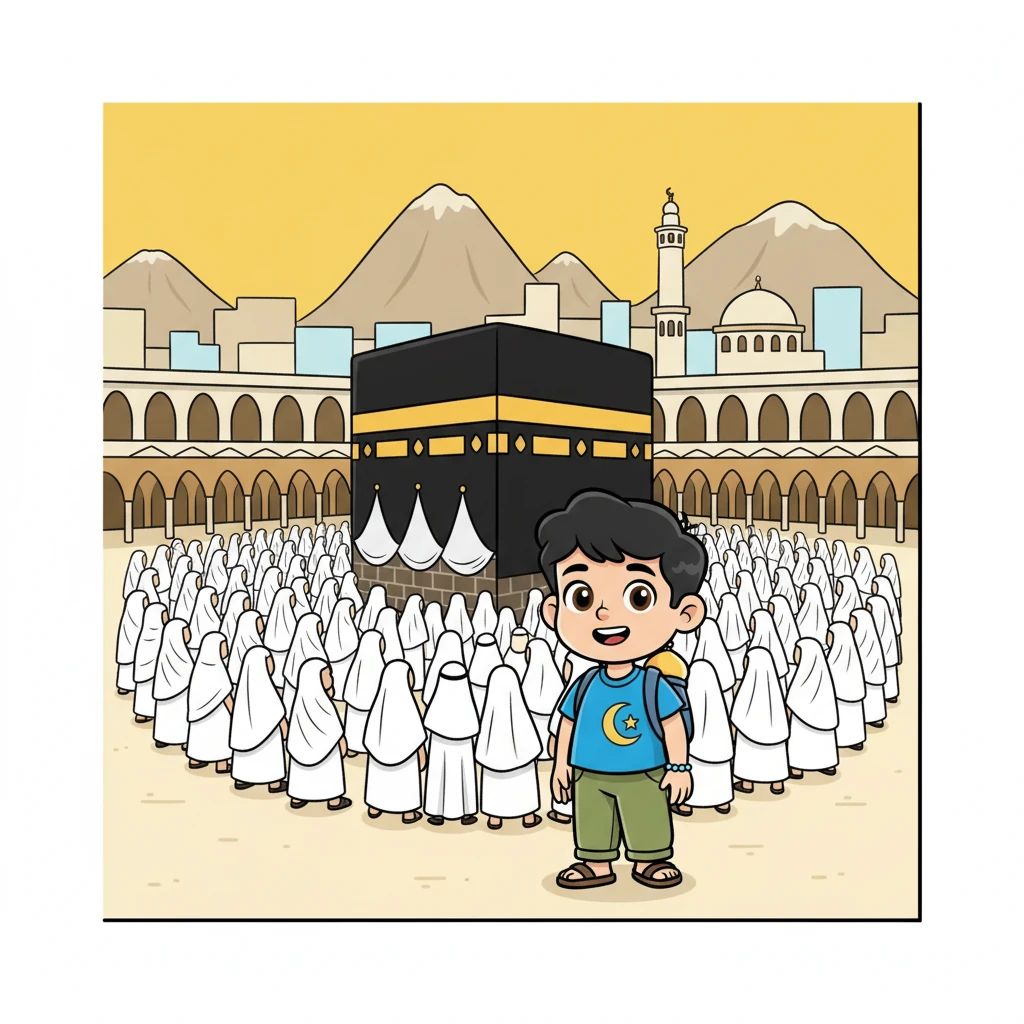 Enfin, le cinquième pilier est le Hajj, le pèlerinage à La Mecque. Omar rêva d'une foule immense, vêtue de blanc, tournant autour de la Kaaba, un moment d'unité et de connexion spirituelle, suivant l'exemple du prophète, évoqué dans le Sahih Muslim.