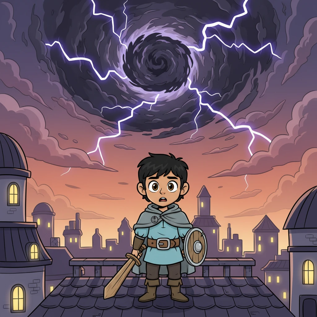 The city skyline glows with the last light of dusk, but a terrifying phenomenon dominates the sky. Cracks of jagged violet lightning tear across the heavens, revealing a swirling, dark abyss through a floating rift. This ominous gateway marks the beginning of an era, having first appeared a decade ago.