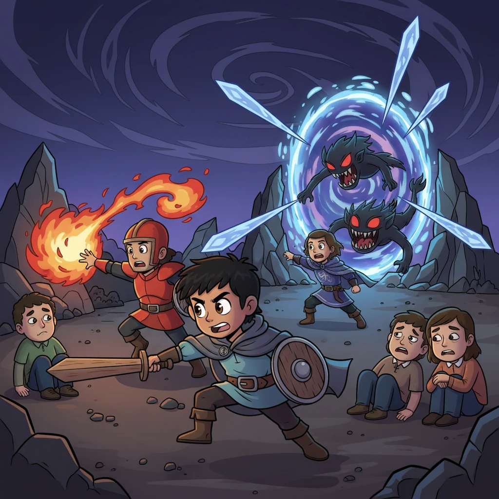 Below the menacing sky, brave hunters engage in desperate combat against monstrous beasts pouring from a shimmering portal. Explosions of fire magic light up the night, while sharp ice spears pierce through the air, showcasing the diverse powers some individuals awakened to protect their world. Many, however, remained ordinary, unable to fight back against the encroaching darkness.