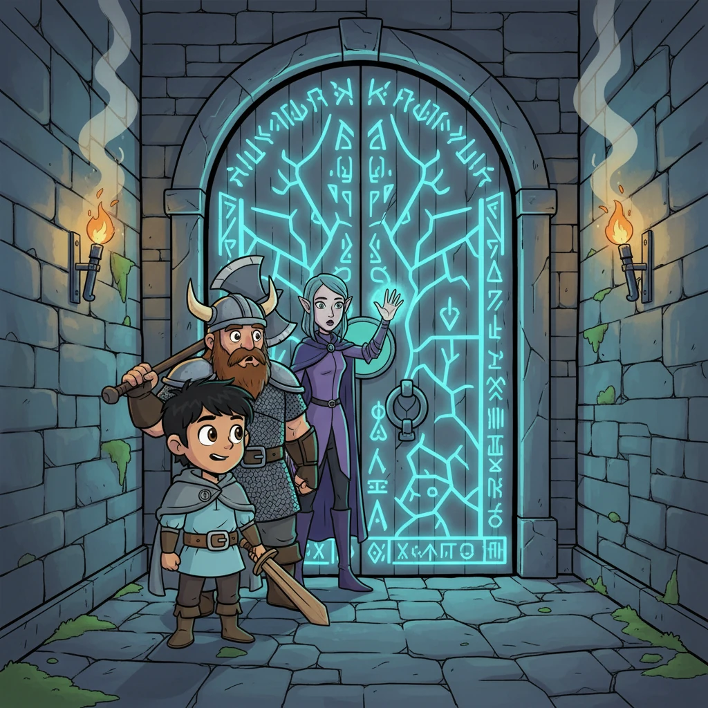 Deep within a low-rank dungeon, the air is thick with the scent of damp stone, illuminated by the flickering glow of ancient torches. Kael and his team navigate the dim corridors, their leader reassuring them, "This is supposed to be easy. Stay sharp." However, their path soon leads to an unexpected sight: a massive stone door at the hall's end, covered in an intricate network of glowing ancient runes. A Hunter Mage voices their growing unease, noting, "This… wasn’t on the map."