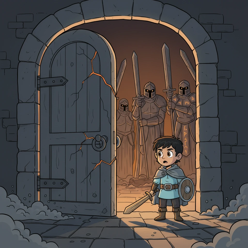 With a deep, ominous creak, the colossal stone door slowly grinds open, revealing the hidden chamber beyond. Inside, gigantic statues of armored knights stand guard, their forms imposing and ancient. Their eyes are dark and vacant, but their colossal weapons are ominously raised, hinting at a forgotten power now reawakened.