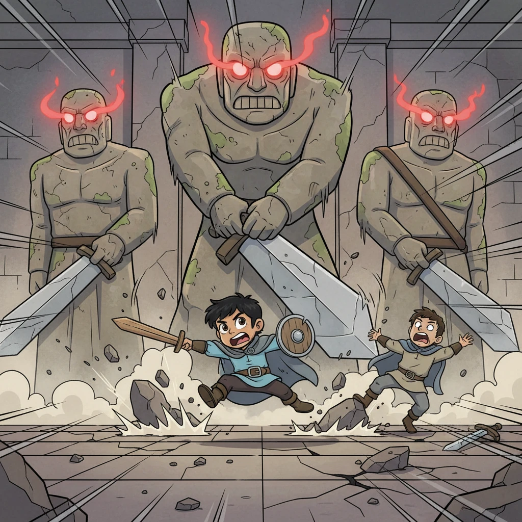 Suddenly, the statues' eyes ignite with a terrifying crimson glow, shattering the eerie silence. A hunter's scream pierces the air as chaos erupts, blades slicing through stone and the air filling with the sound of violent impacts. Massive swords crash down, and the stone floor splatters as hunters fall, overwhelmed by the reanimated guardians.