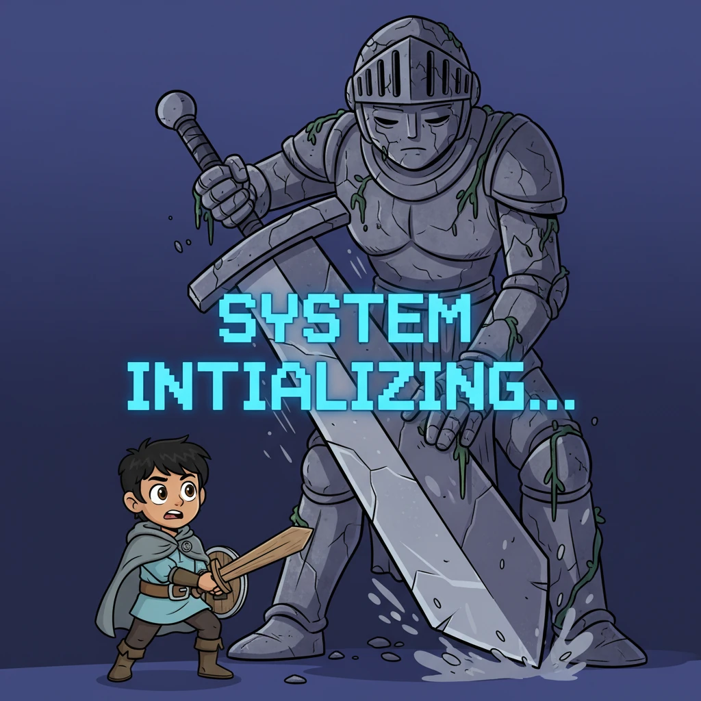 As a gigantic statue looms over Kael, its massive sword descending for the final blow, time itself abruptly halts. Everything freezes mid-motion, caught in an unnatural stillness. The world darkens for a moment, then a stark blue text materializes in the void: "SYSTEM INITIALIZING…"