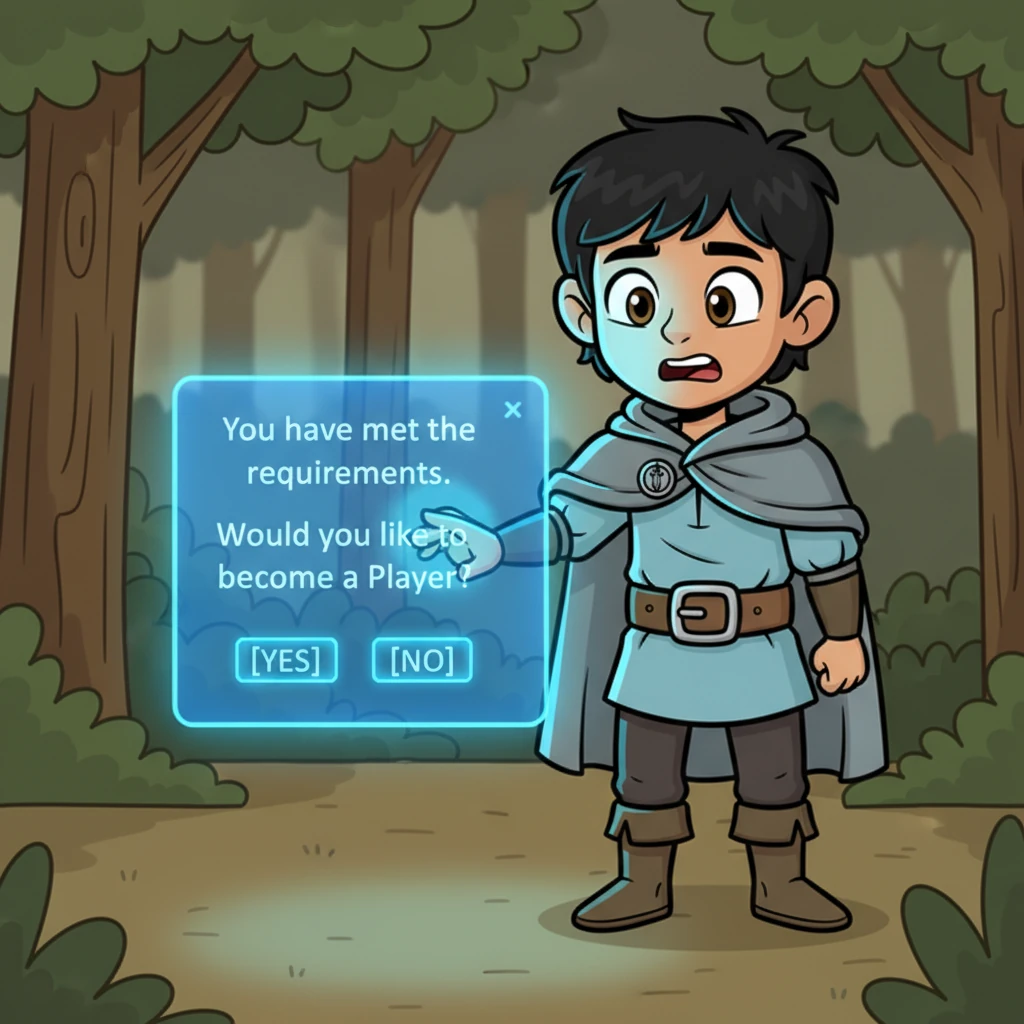A vibrant blue holographic window flickers into existence directly before Kael, its ethereal glow illuminating his terrified face. The message displayed is clear and momentous: "You have met the requirements. Would you like to become a Player?" Below, two options shimmer, [YES] and [NO]. With a trembling hand, Kael reaches out and presses the 'YES' option.