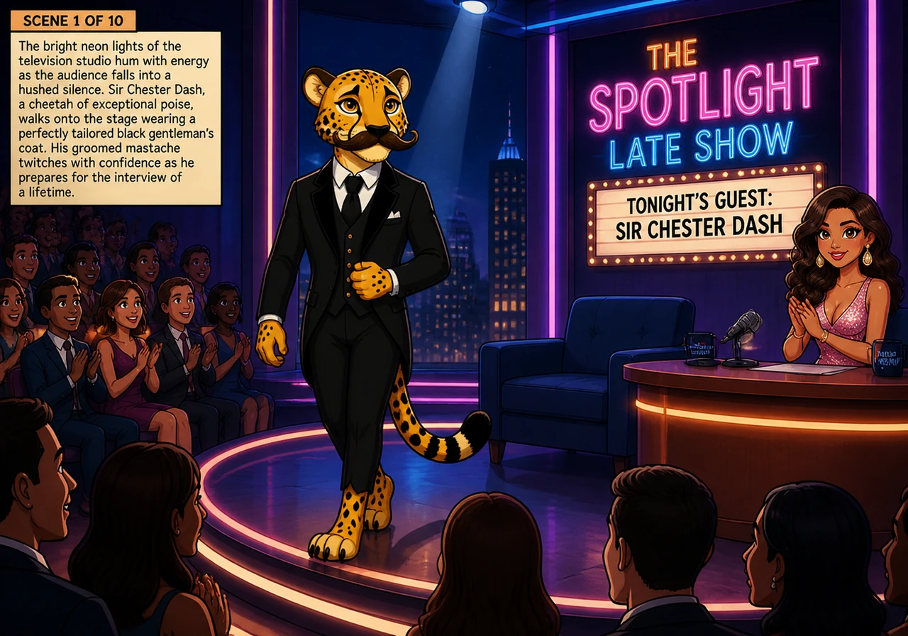 The bright neon lights of the television studio hum with energy as the audience falls into a hushed silence. Sir Chester Dash, a cheetah of exceptiona
