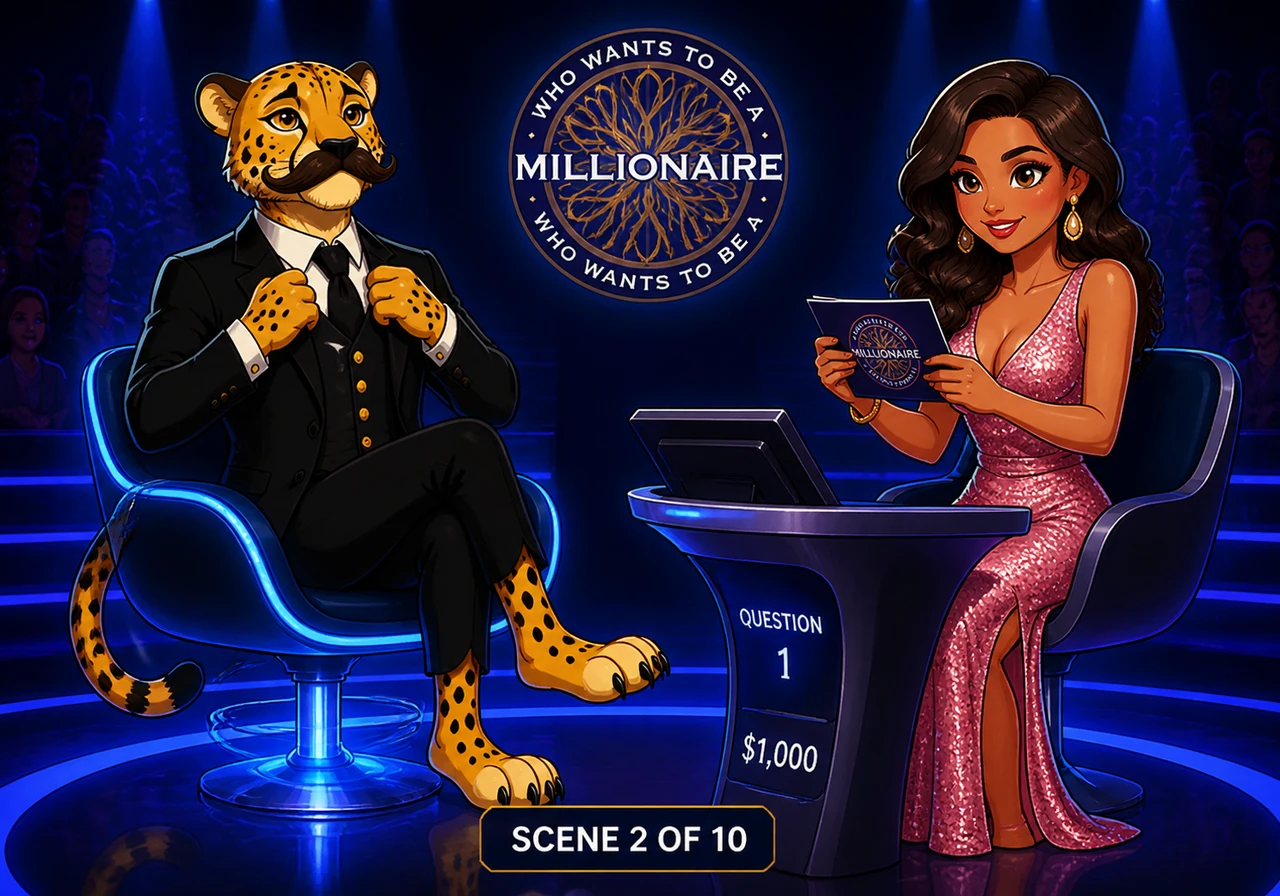 Sir Chester takes his place on the high-tech hot seat, which glows with a soft blue light against the dark, dramatic set. He adjusts his velvet lapels