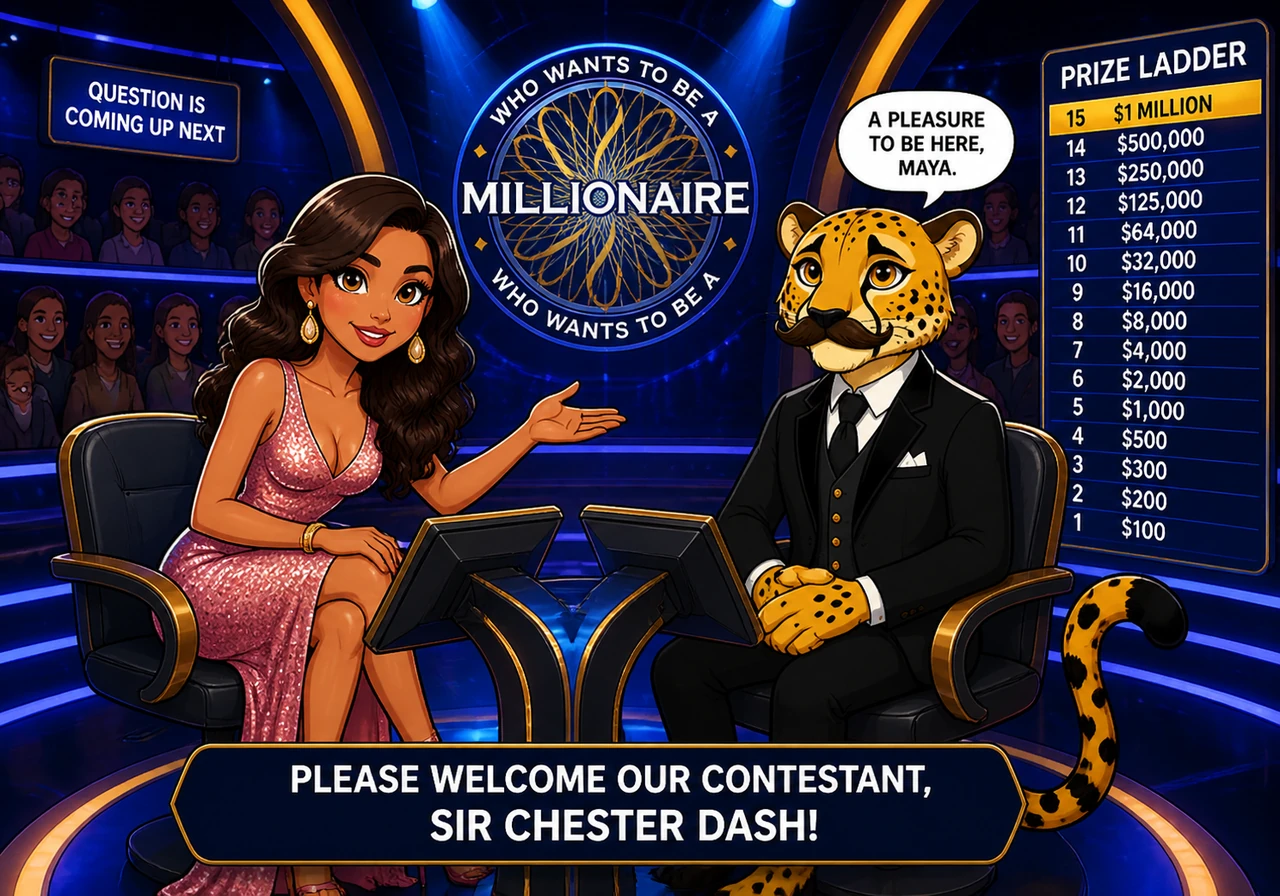 Maya leans forward with a captivating smile, introducing Sir Chester to the millions of viewers watching from home. The set mirrors the iconic KBC atm