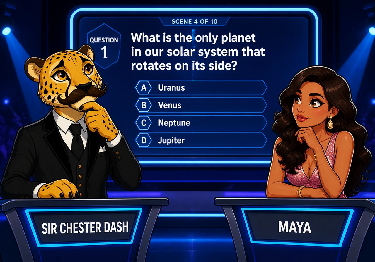 The first question appears on the giant screen behind them, casting a cool glow over the contestants. Sir Chester taps his chin thoughtfully with a ma