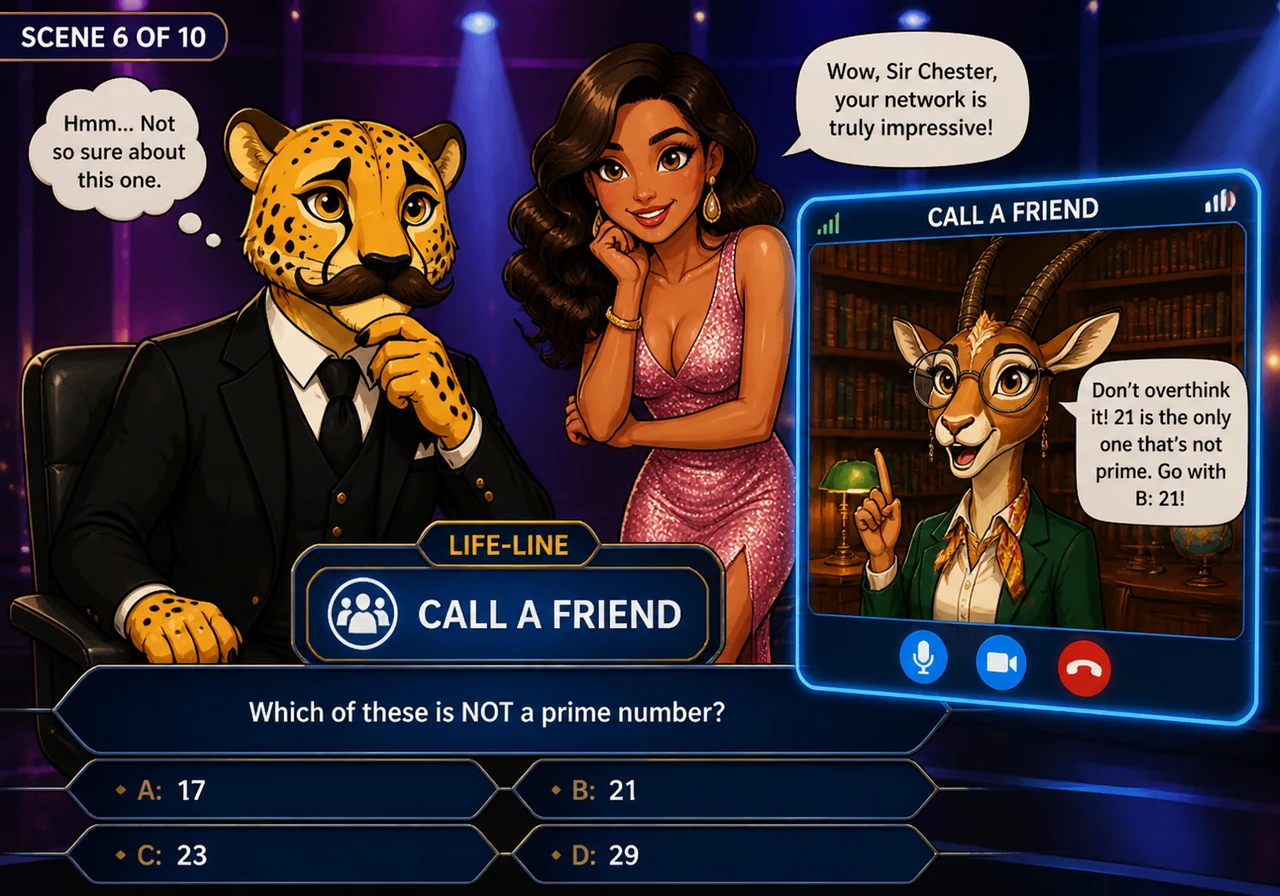 A moment of doubt flickers in Sir Chester's eyes, and he decides to use his first life-line to call a friend. A digital window opens on the screen, sh