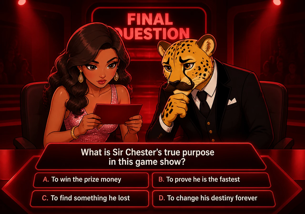 The final question looms, and the entire set transitions into a deep, dramatic red hue to signal the stakes. Maya’s expression becomes serious as she