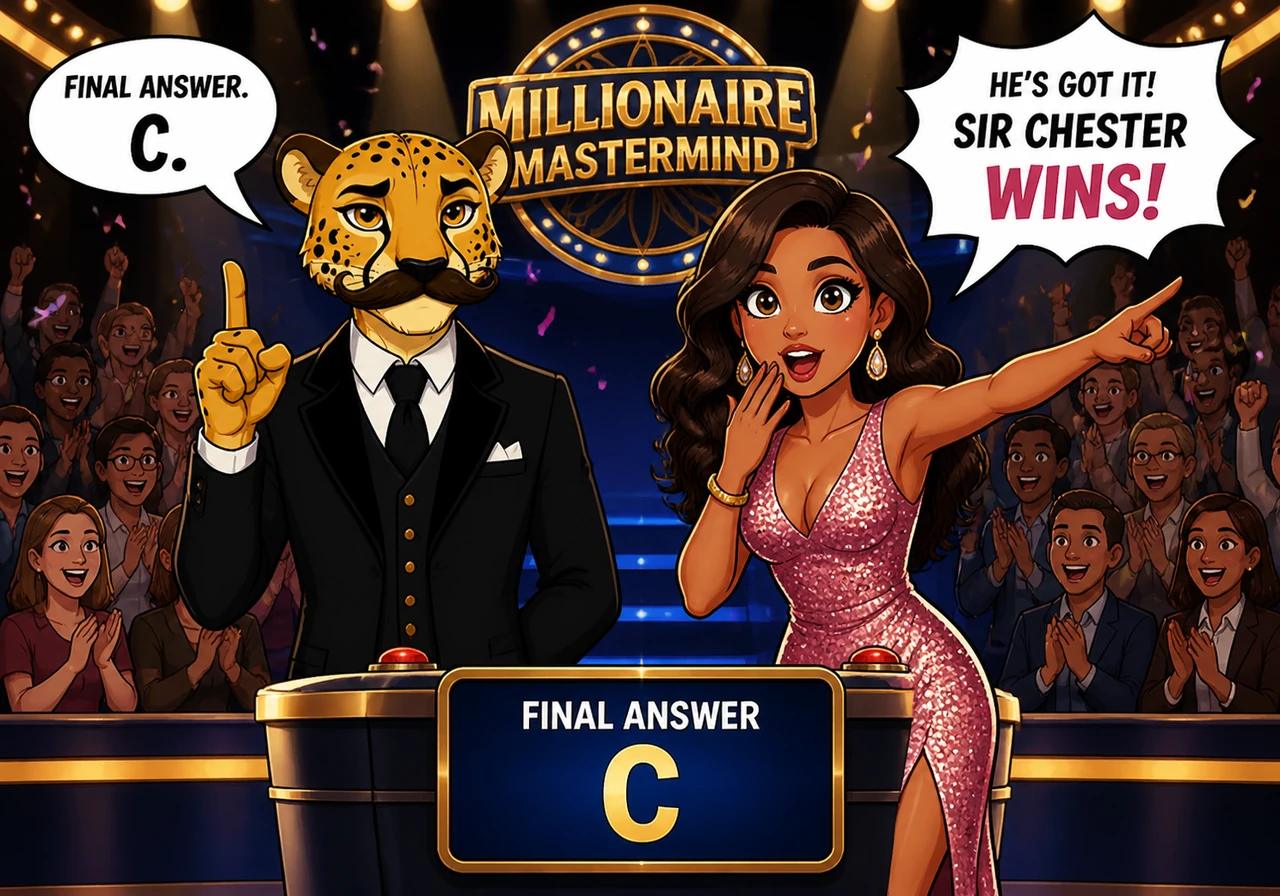 In the silence of the studio, Sir Chester provides the final answer with a smirk of absolute certainty. Maya pauses for a theatrical beat, her eyes wi