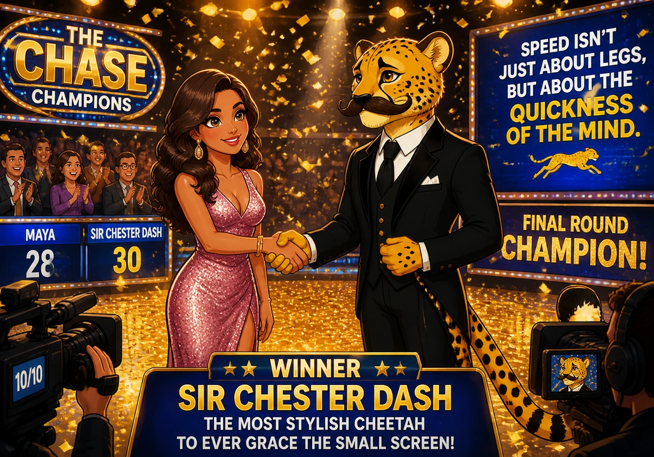 Golden confetti rains down from the rafters, covering the stage in a glittering blanket of light. Sir Chester Dash stands up and shakes Maya’s hand wi