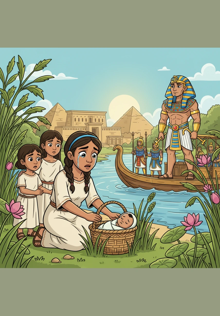 في مصر القديمة، وضعت أم خائفة طفلها الصغير في سلة من القصب وتركته يطفو برفق على مياه نهر النيل. كانت تأمل أن ينقذه الله من بطش جنود فرعون الذين كانوا يبحثون عن الأطفال الصغار في كل مكان.