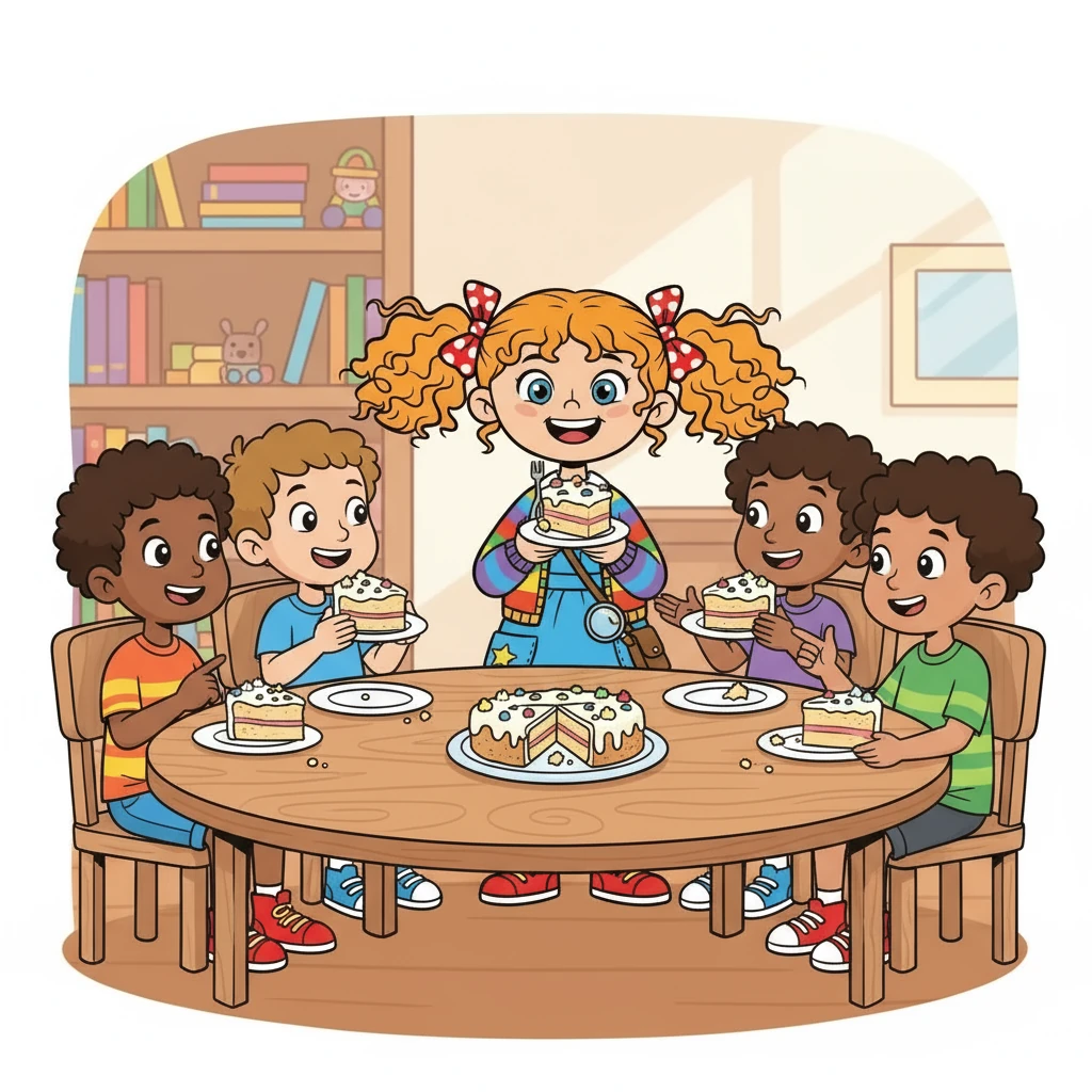 Oyuncular birer çeyrek pasta aldı. Herkes pastanın tadına baktı ve kesirlerin ne kadar eğlenceli olduğunu anladı. Elif, kesirleri öğrenmenin ne kadar kolay olduğunu fark etti. Arkadaşlarıyla birlikte pastayı paylaşmak çok güzeldi.