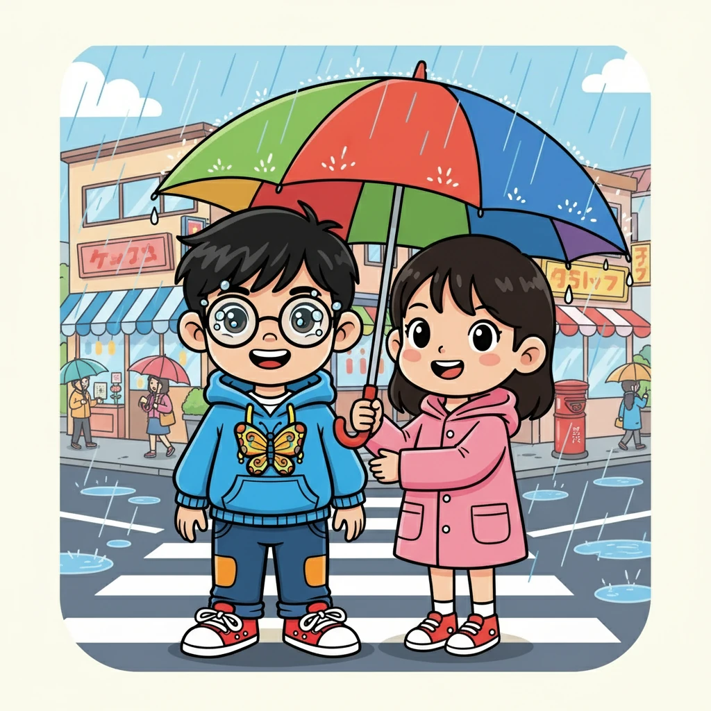 櫻子微笑著說：「誰叫我們只帶了一把小傘哪！」她撐起傘，準備過馬路，幫志明寄信。雨點從傘骨滲下來，落在志明的眼鏡上。