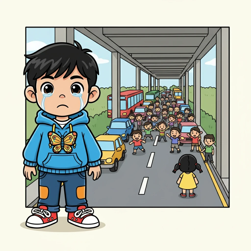 志明緩緩睜開眼睛，茫然地站在騎樓下，眼裡藏著滾燙的淚水。所有的車子都停了下來，人潮湧向馬路中央。櫻子離他只有五公尺，卻是那麼遙遠。