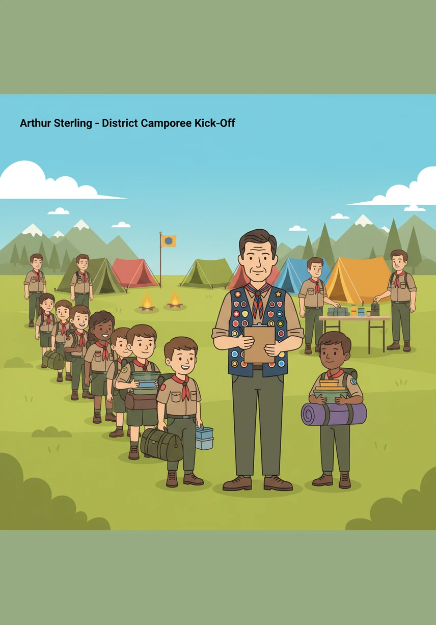Arthur Sterling, a seasoned Commissioner with a kind face and a vest adorned with merit badges, stands at the edge of a sun-drenched forest clearing. He adjusts his neckerchief and checks his clipboard, looking over the bustling preparations for the annual district camporee.