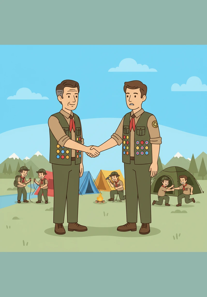He meets a young, nervous Scoutmaster named Leo, who is struggling to organize a group of energetic scouts near their colorful tents. Arthur offers a warm smile and a firm handshake, immediately putting the younger leader at ease with his calm and supportive presence.