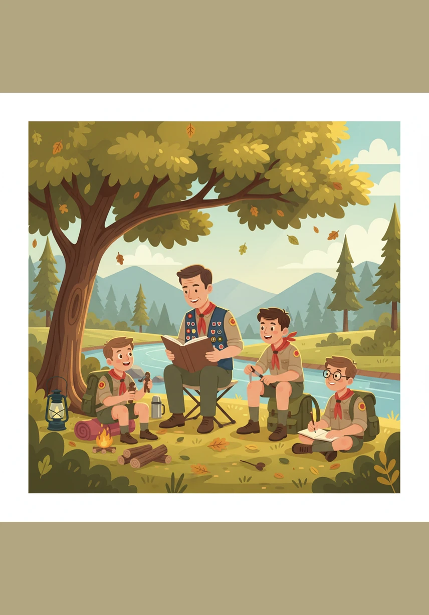 Under a sprawling oak tree, Arthur sits with a group of volunteer leaders, sharing wisdom from his decades of service. He uses a small wooden compass to illustrate how a Commissioner helps units find their true north when things get difficult.