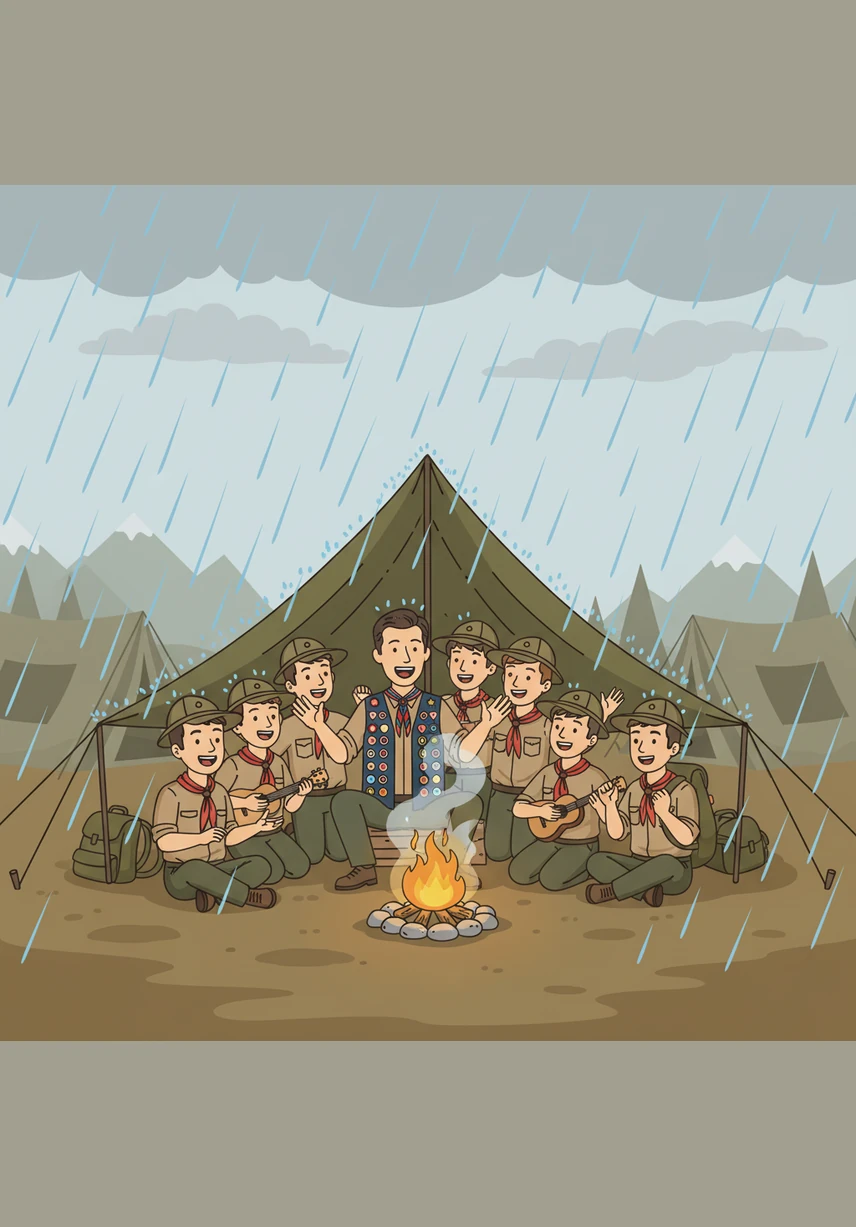 A sudden afternoon rain shower sends everyone scurrying for cover under a large canvas dining fly. Arthur uses the moment to lead a cheerful campfire song, turning a potential disaster into a memory of laughter and camaraderie.