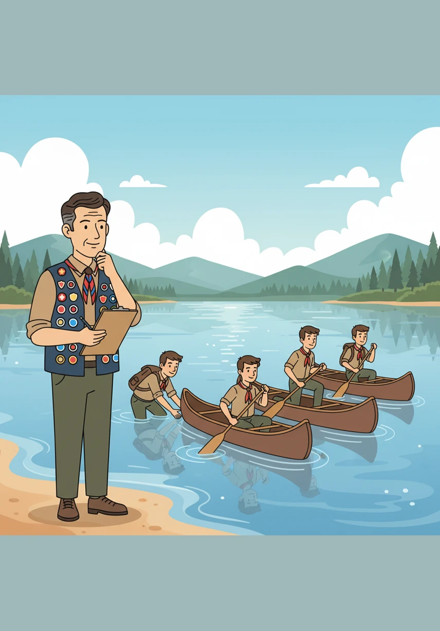 At the edge of a shimmering lake, Arthur watches as the scouts launch their canoes in perfect synchronization. He reflects on how the Commissioner's touch is like the quiet ripple in the water, supporting the journey without being the center of attention.