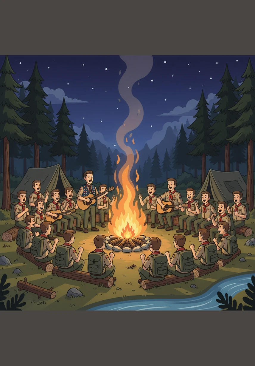During the grand campfire ceremony, the air is filled with the scent of pine and the sound of crackling logs. Arthur stands in the shadows, watching with pride as Leo receives a commendation for his unit's outstanding spirit and organization.