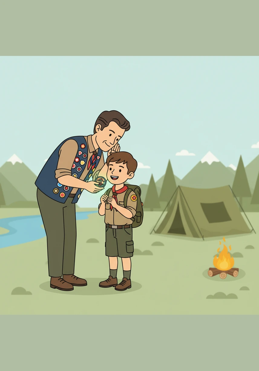 Arthur presents a special commemorative patch to a young scout who showed exceptional kindness to a peer during the weekend. He whispers a few words about how true leadership is found in service to others, leaving a lasting impression on the boy.