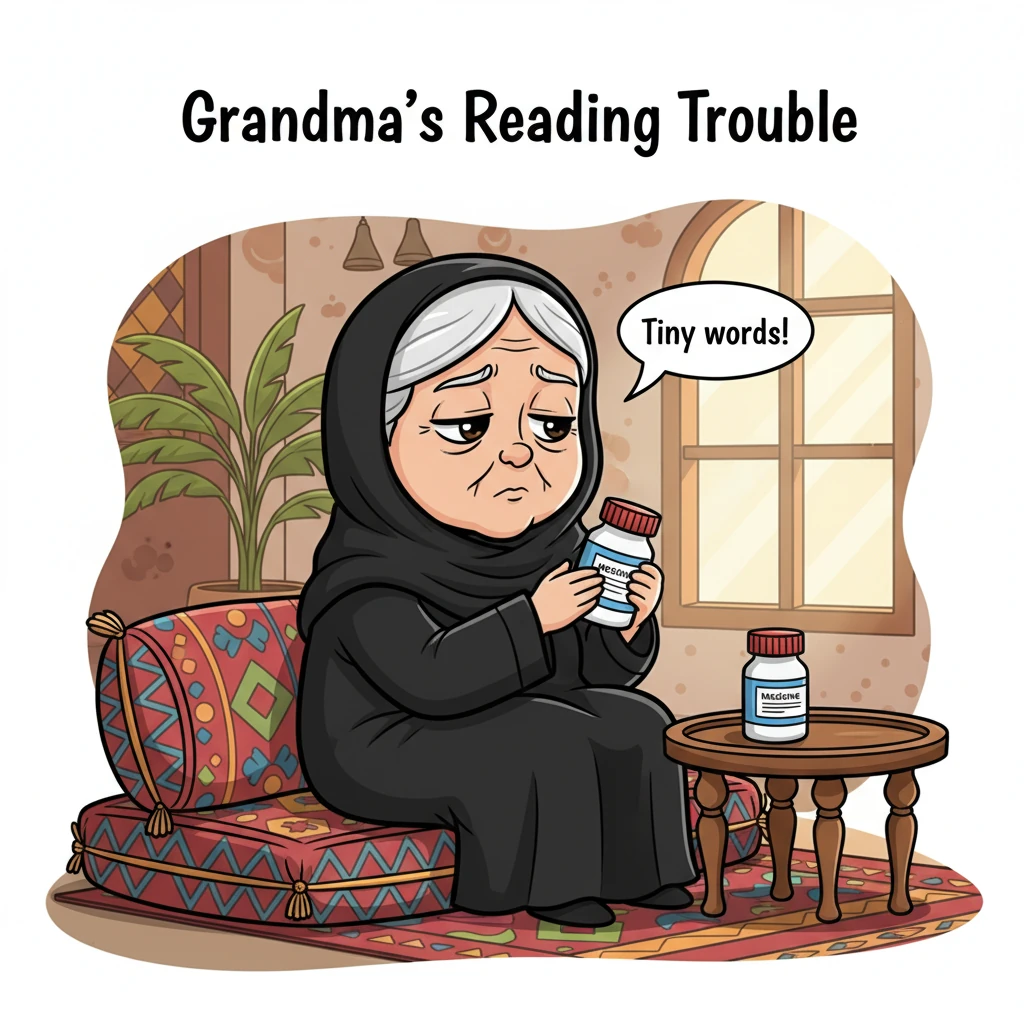 الجدة جود، بعبايتها وشيلتها السوداء الأنيقة، تجلس في مجلسها الإماراتي المريح. بجانبها على الطاولة الصغيرة علبة دواء تنظر إليها بتعب خفيف، محاولة فك رم