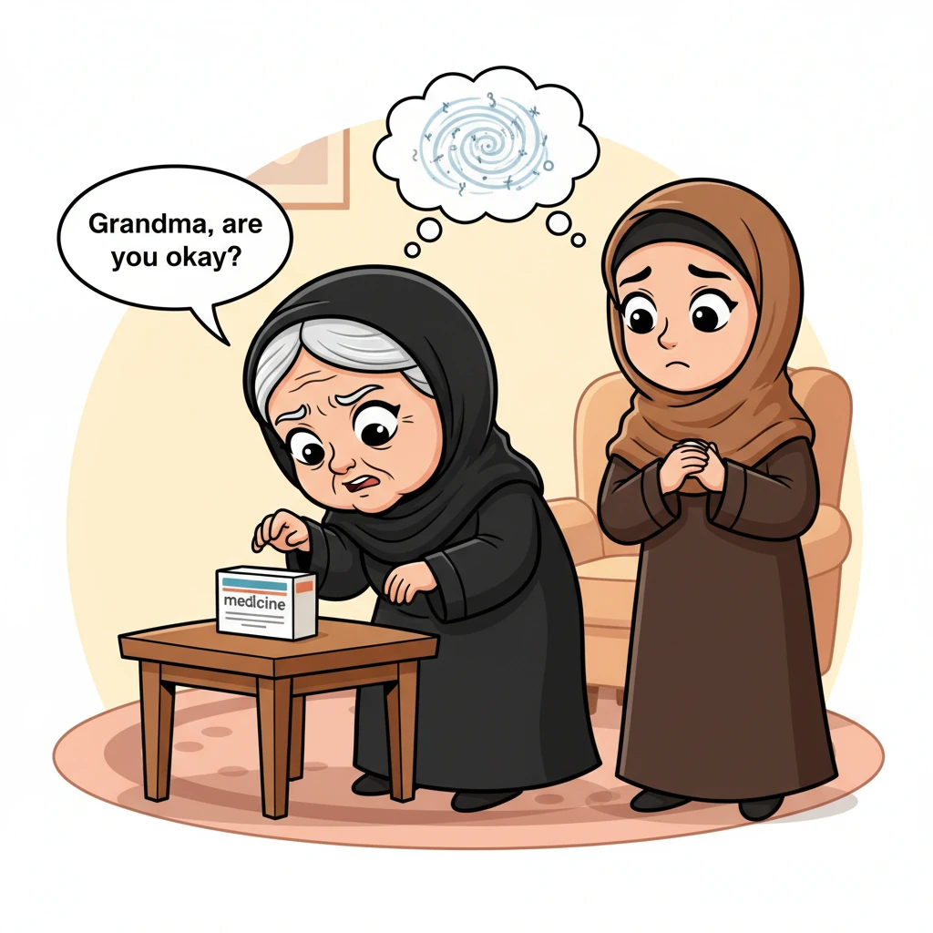 تقترب الجدة جود ببطء من الطاولة، مائلة بوجهها نحو علبة الدواء. تظهر على وجهها تعابير واضحة للصعوبة في القراءة، بينما تقف مها، بعبايتها البنية وشيلتها،