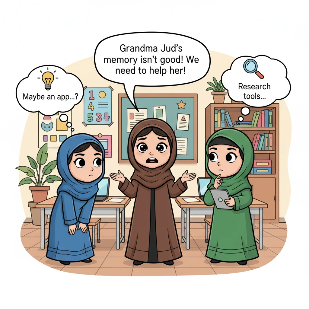 في فصل دراسي أو مساحة عمل مفعمة بالحياة، تقف مها بعبايتها البنية الأنيقة وشيلتها وتتحدث مع صديقتيها سجى ونجلاء. تشرح لهما مشكلة جدتها بإيماءات واضحة،