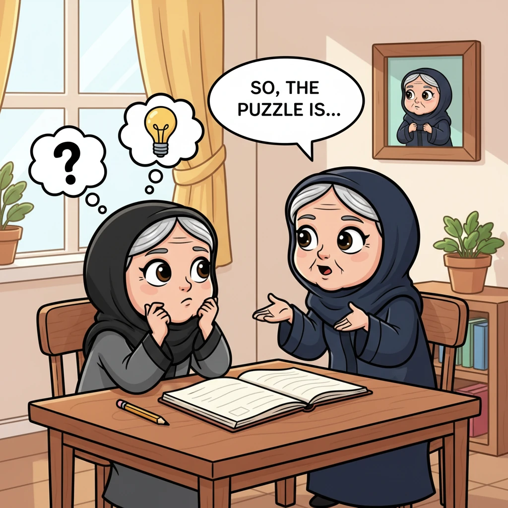 تجلس سجى ونجلاء، بعبايتيهما الرمادية والكحلية، على طاولة عمل مريحة. أمامهما دفتر رسم مفتوح وقلم، وعلامات التفكير العميق والتركيز تملأ وجهيهما وهما تست