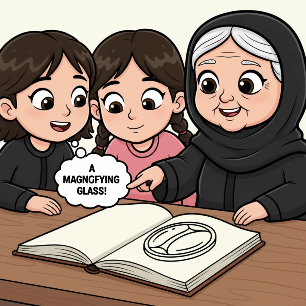 تتجه الكاميرا نحو دفتر الرسم، حيث يظهر رسم بسيط لكنه واضح لعدسة محدبة. الخطوط جريئة ونظيفة، تعكس شرارة الفكرة التي بدأت تتشكل في أذهان الصديقات المبدع