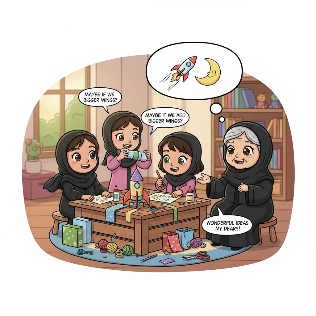 بفرحة وحماس، تعمل الصديقات الثلاث معًا على ابتكار حل. أياديهن الصغيرة تتحرك بمهارة، تستخدم مواد بسيطة ومعاد تدويرها لصنع شيء مميز، وكل واحدة منهن تساه