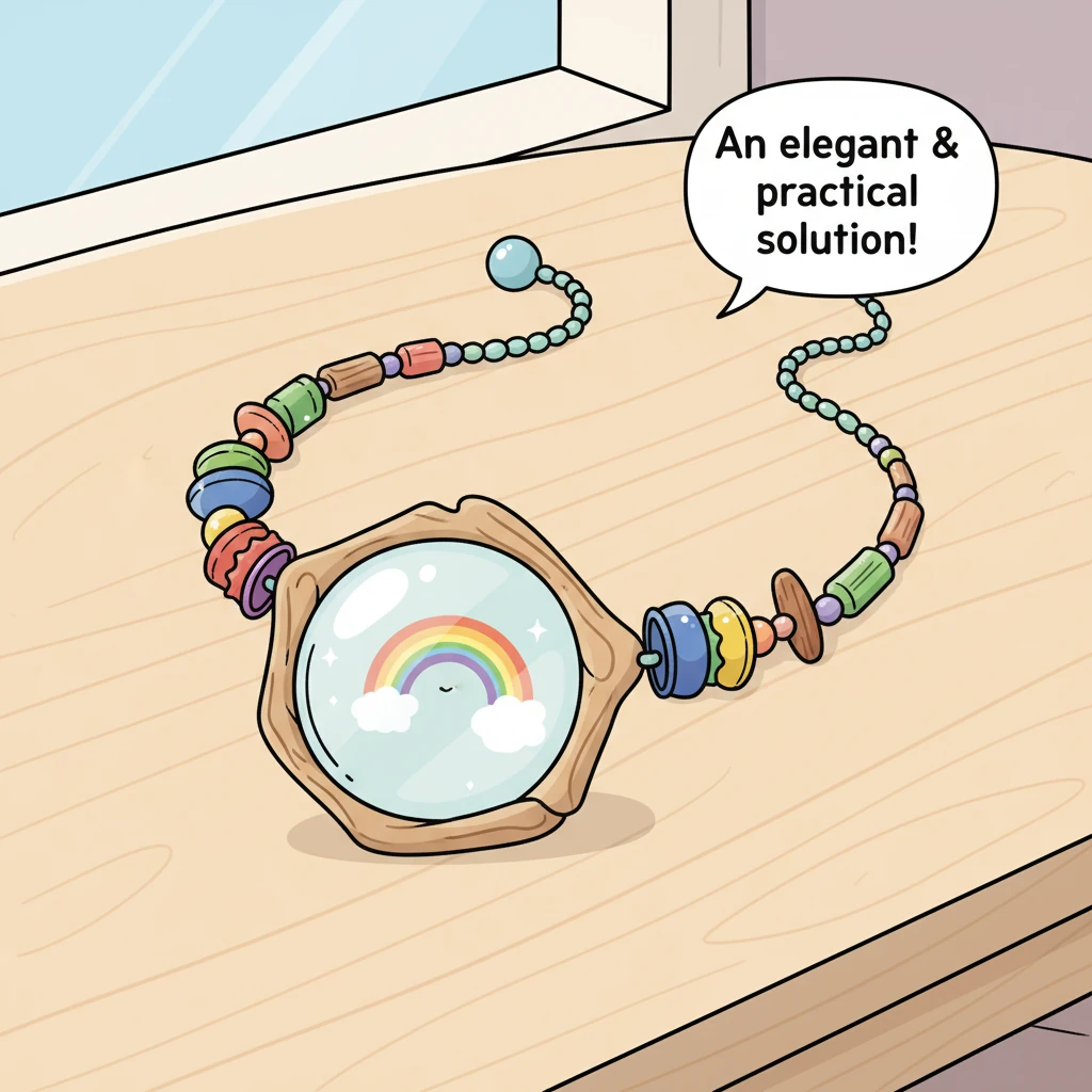 على طاولة خشبية فاتحة ونظيفة، تظهر قلادة مبتكرة مصممة ببراعة. تحتوي القلادة على عدسة محدبة شفافة مثبتة بإطار بسيط مصنوع من مواد معاد تدويرها، تتلألأ ب