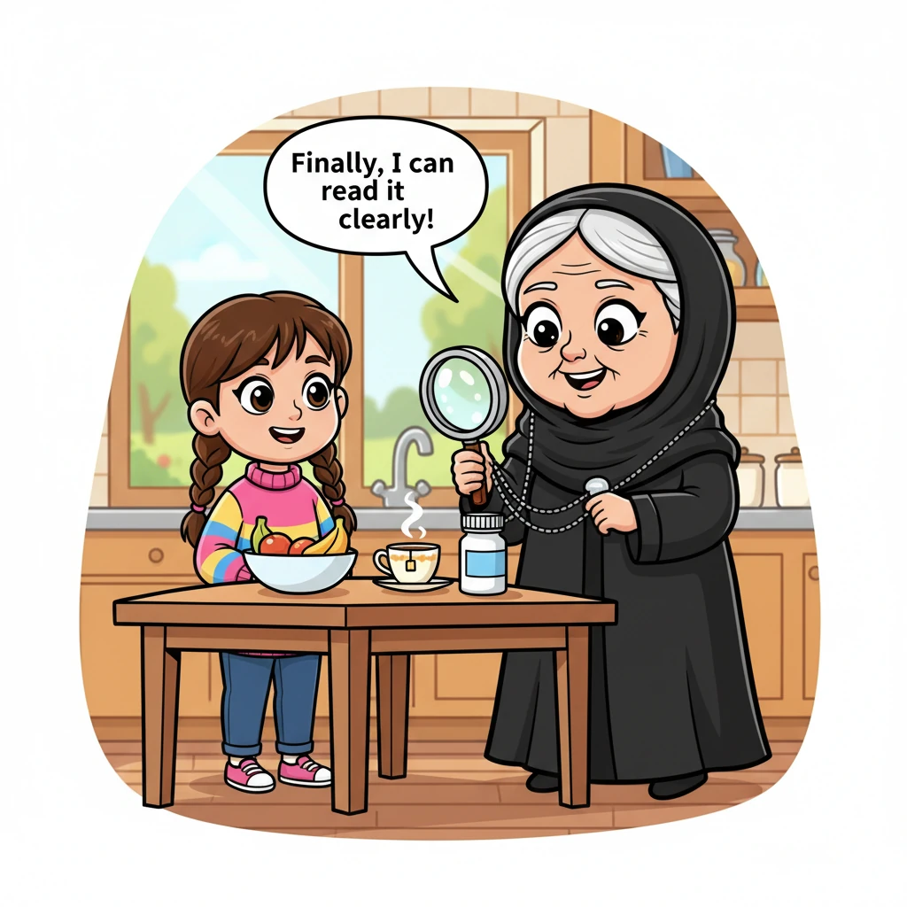 تمسك الجدة جود القلادة الجديدة بفضول وسعادة، وعيناها تلمعان بالأمل. تقرب العدسة الشفافة من علبة الدواء الموجودة على الطاولة، استعدادًا لتجربة هذا الاب