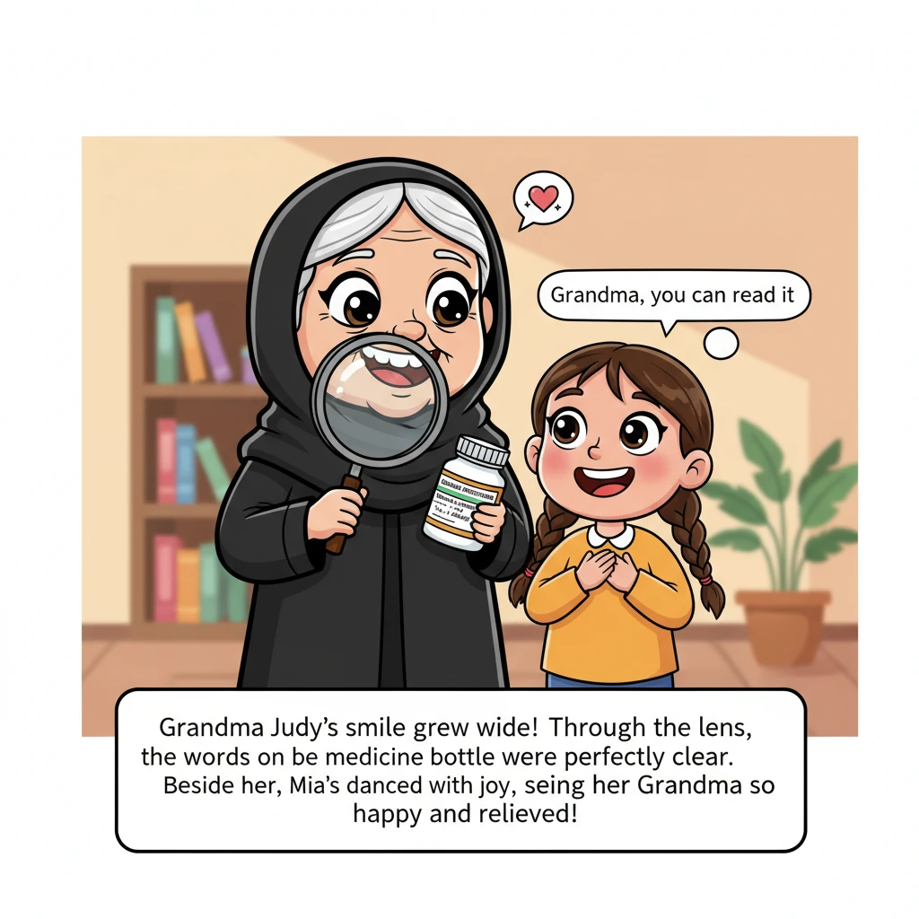 تتسع ابتسامة الجدة جود وهي ترى الكلمات على علبة الدواء أصبحت واضحة تمامًا بفضل العدسة. تقف مها بجانبها، وقلبها يرقص فرحًا لرؤية جدتها سعيدة ومرتاحة. ه