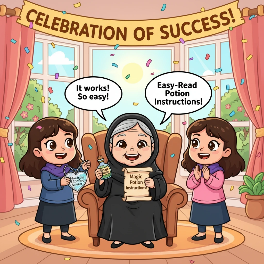 تقرأ الجدة جود الدواء بسهولة وراحة تامة، ويبدو عليها الاطمئنان والسعادة الغامرة. تقف مها وسجى ونجلاء بجانبها بفخر، والقلادة المبتكرة تظهر بوضوح، رمزًا