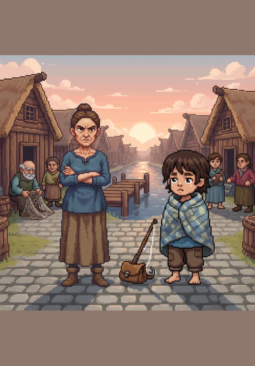 The sun rises over the quiet fishing village, casting a golden glow on the wooden houses perched on stilts. Tanggang stands silently beside his mother, whose arms are crossed and expression is as cold as the morning mist.