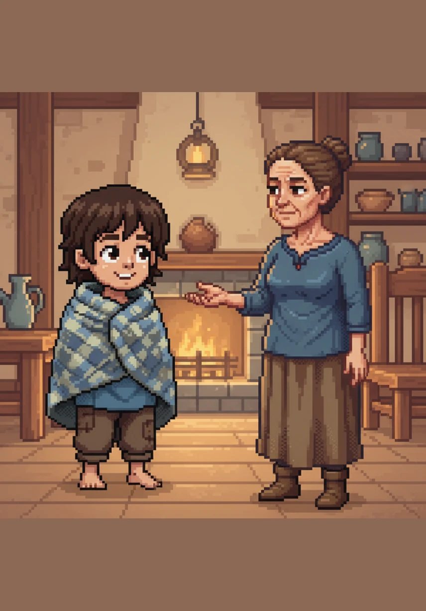 When the winds die down and the danger passes, they sit together in the shelter of a cave, sharing a single blanket. The silence between them is no longer cold, but filled with a new, quiet understanding.