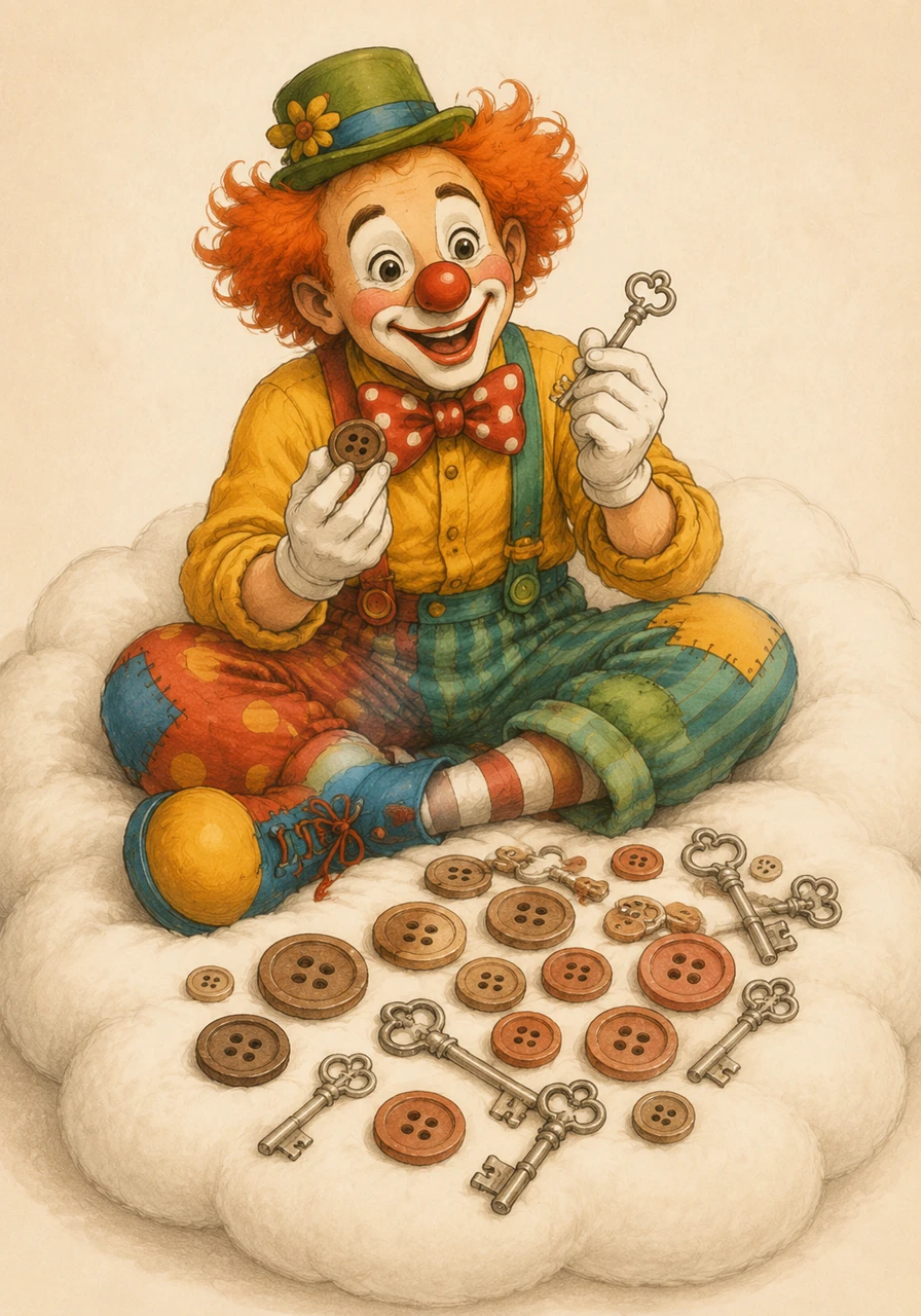Clara sat on a fluffy cloud-shaped cushion, admiring her favorite collection of shiny everyday objects. She loved everything that started with the sharp, crisp sound of her own name, from clay buttons to silver keys.
