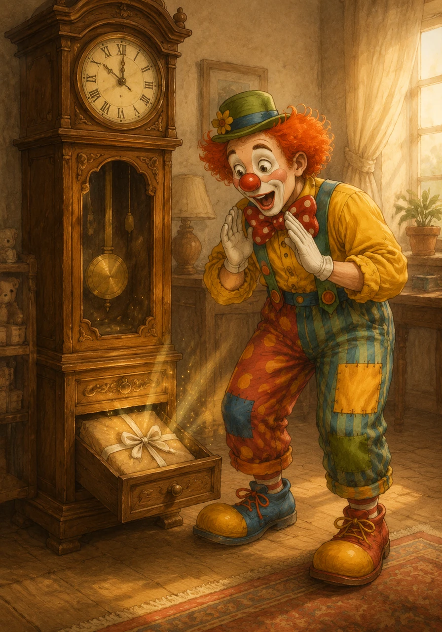 One morning, a loud tick-tock echoed through her cozy room as her grand old grandfather clock chimed a secret, magical tune. A hidden drawer suddenly popped open at the bottom, revealing a dusty old map tied tightly with a clean white ribbon.