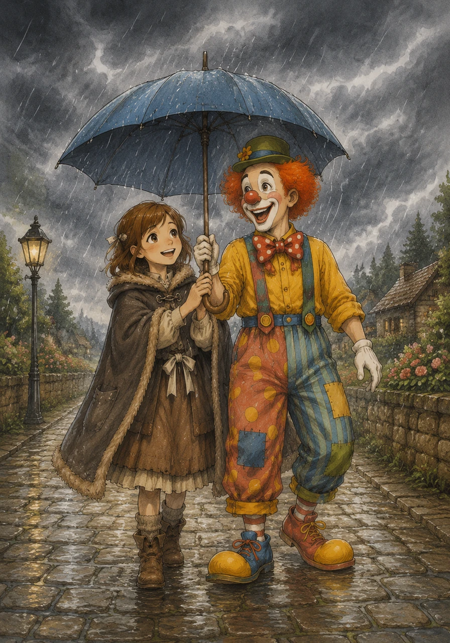 As she walked, the bright blue sky grew dark and heavy grey clouds gathered overhead, threatening a sudden downpour. Clara did not worry at all; she simply unfolded her favorite umbrella and listened happily to the rain go click-clack against the cobblestone path.
