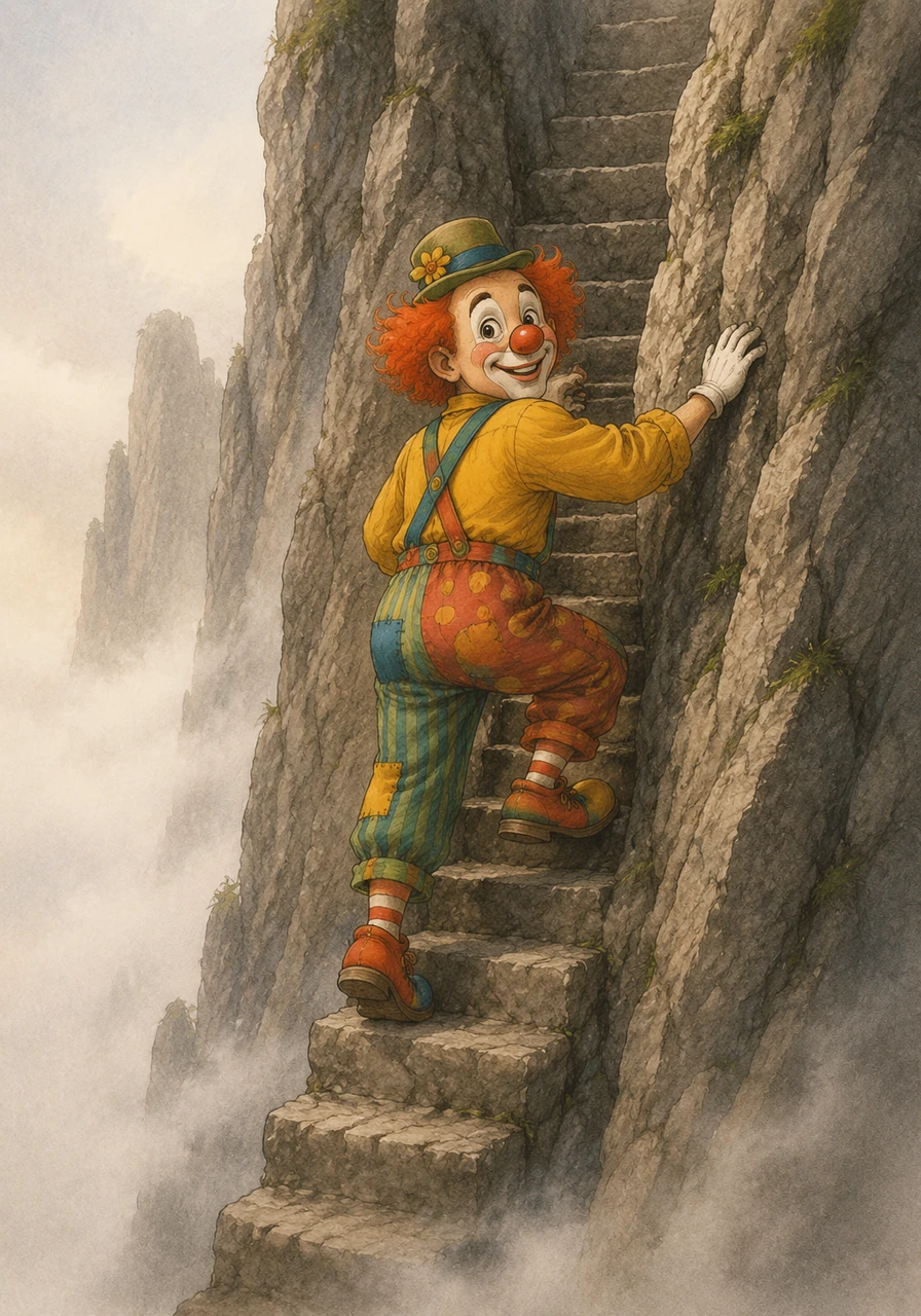 Soon, she reached a steep, towering cliff that blocked her path, its rocky face rising high into the misty morning air. Using her clever wits, she found a hidden set of stone steps carved directly into the wall and safely began her climb to the top.