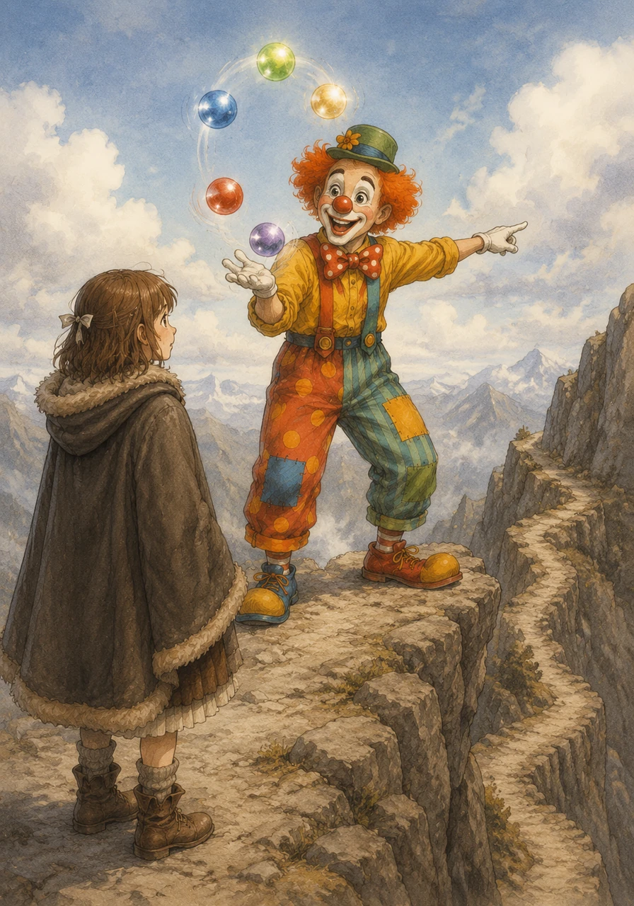 At the peak of the cliff, she met a cheerful clown juggling bright glass balls with incredible speed and agility. The clown smiled warmly, pointed her toward a winding secret trail, and cheered her onward with a loud, encouraging clap of his hands.